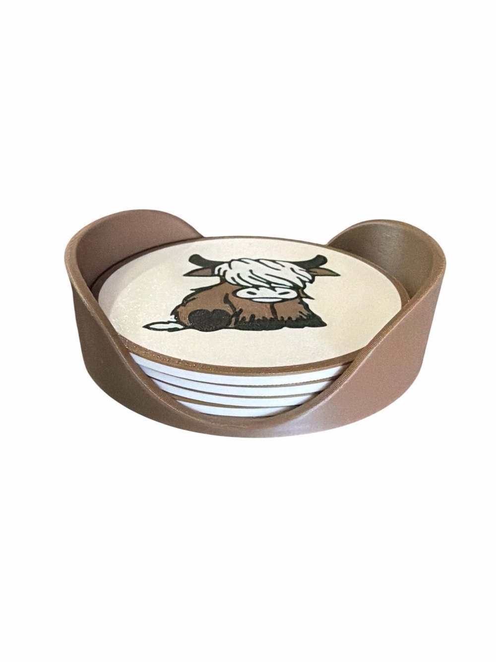 3D Printed Brown Highland Cow Coaster Set with Holder NWOT